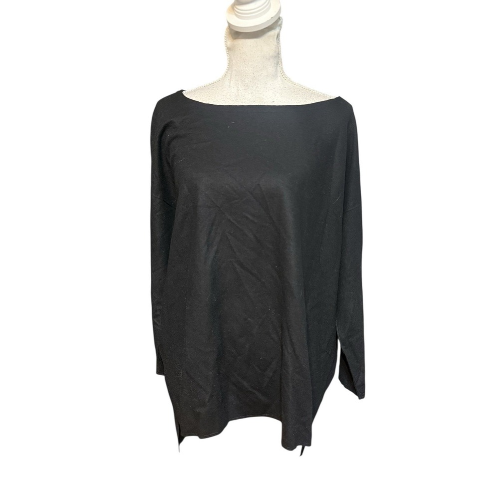 NWT $268 Eileen Fisher Black Boiled Wool Jersey Bateau Neck Top Large
